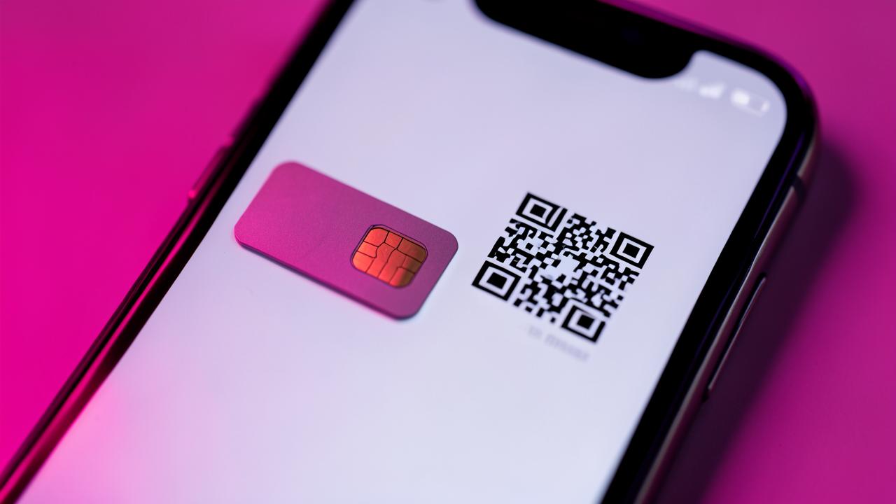 SIM-карта и QR-код eSIM на экране смартфона на розовом фоне
