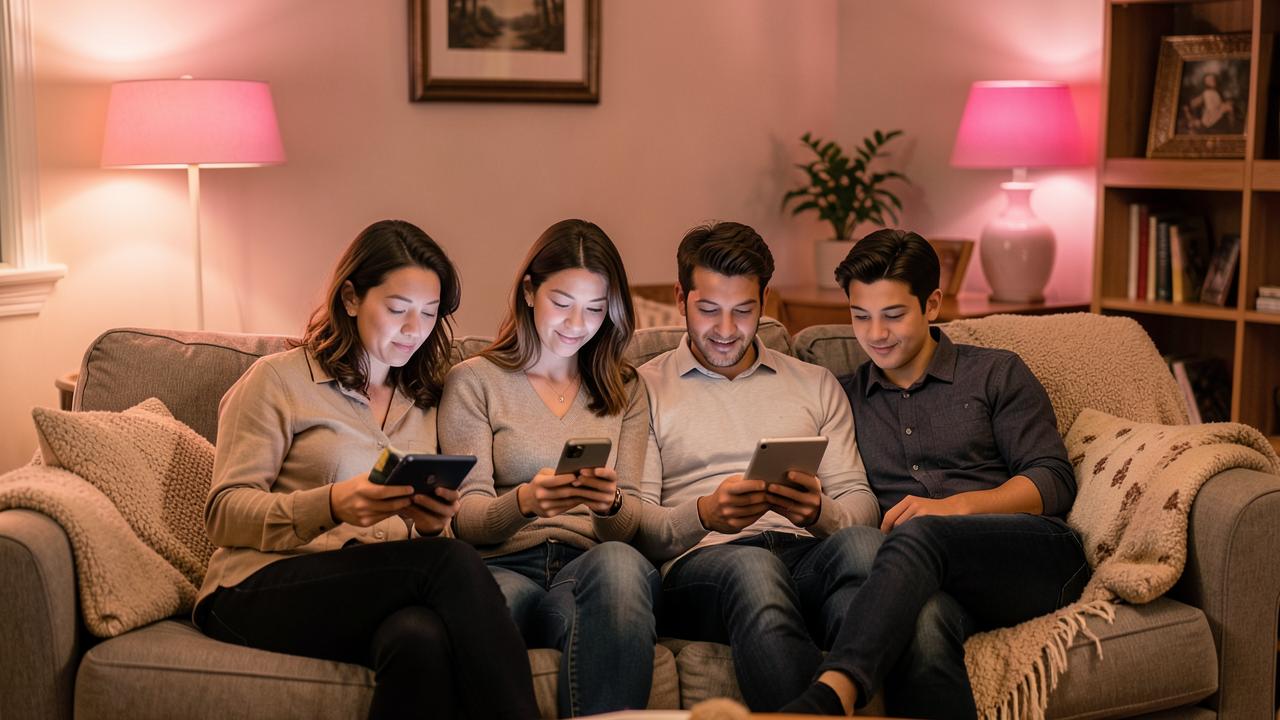 Семья на диване, каждый пользуется смартфоном или планшетом в тёплом свете розовых лампах