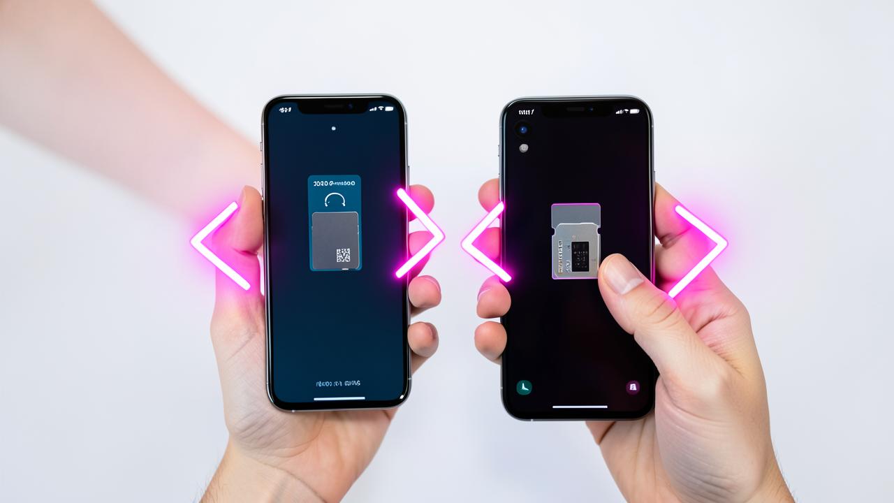 Два смартфона в руках и SIM-карта с розовыми стрелками, символ переноса номера